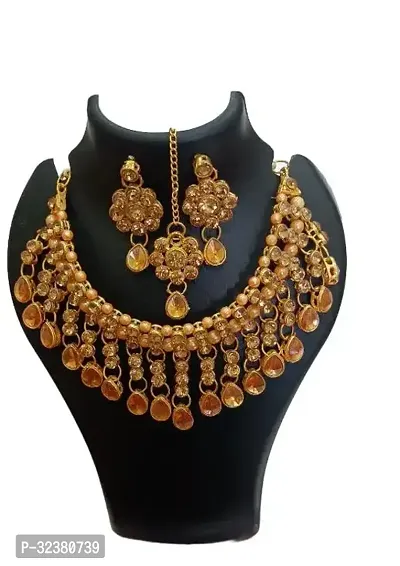 Stylish Golden Copper Cubic Zirconia Jewellery Set For Women-thumb0