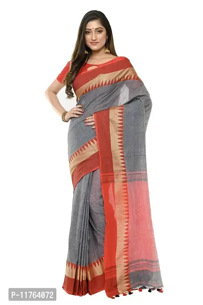 RUPANJALI SOFT COTTON Grey & Red JAMDANI HANDLOOM SAREES FOR WOMEN with Pom-Pom - With Blouse Piece | RS_J006_Grey&Red