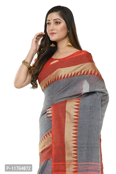 RUPANJALI SOFT COTTON Grey & Red JAMDANI HANDLOOM SAREES FOR WOMEN with Pom-Pom - With Blouse Piece | RS_J006_Grey&Red-thumb4