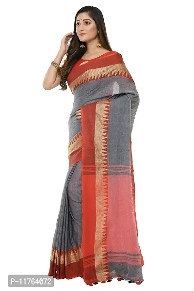 RUPANJALI SOFT COTTON Grey & Red JAMDANI HANDLOOM SAREES FOR WOMEN with Pom-Pom - With Blouse Piece | RS_J006_Grey&Red-thumb3