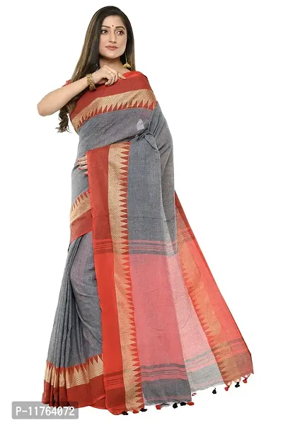 RUPANJALI SOFT COTTON Grey & Red JAMDANI HANDLOOM SAREES FOR WOMEN with Pom-Pom - With Blouse Piece | RS_J006_Grey&Red-thumb2