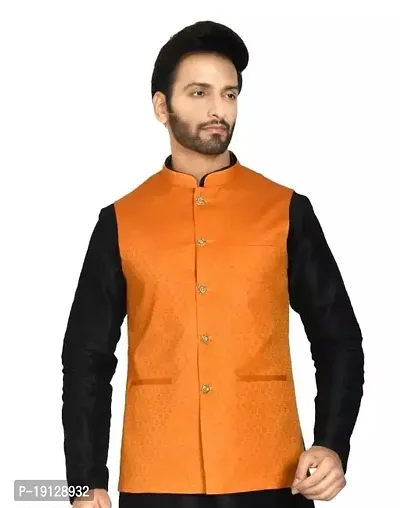 Reliable Orange Cotton Blend Solid Ethnic Jackets For Men