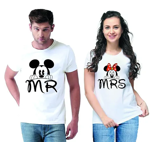 DEE LEAF Mickey Minnie Mr. Mrs. Printed Matching Half Sleeve Couple Tshirt