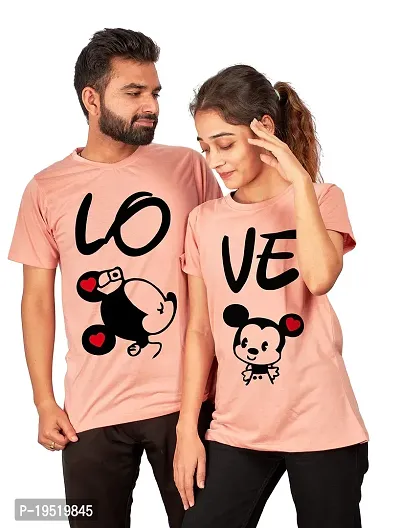 DEE LEAF Love Mikky Mini Printed Matching Half Sleeve Couple Tshirt Peach-thumb0