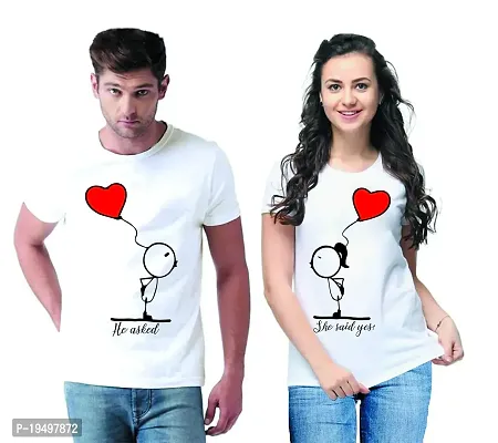 DEE LEAF He Asked?.She Said Yes! Printed Matching Half Sleeve Couple Tshirt-thumb0