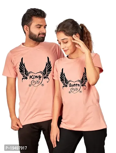 DEE LEAF Flaying Heart King Queen Printed Matching Half Sleeve Couple Tshirt