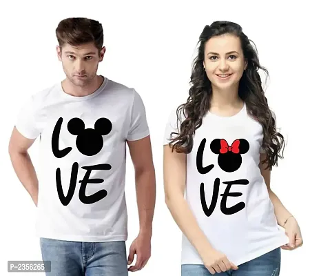 White Cotton Blend Round Neck Printed Couple T-Shirts for Men  Women-thumb0