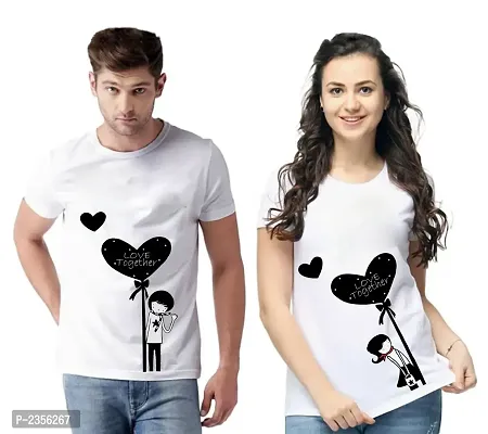 White Cotton Blend Round Neck Printed Couple T-Shirts for Men  Women-thumb0