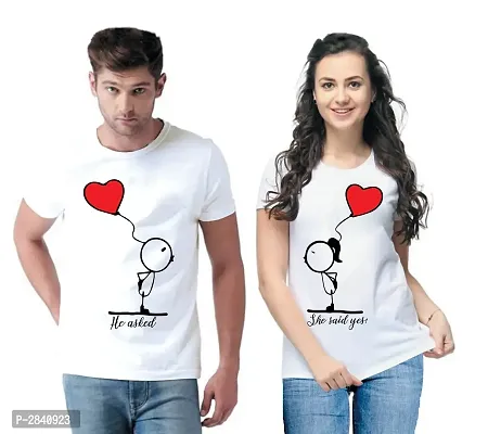 White Printed Cotton Blend Matching Couple T-Shirts for Men  Women-thumb0