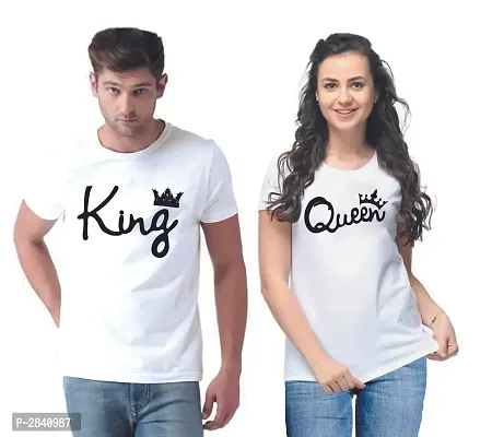 White Printed Cotton Blend Matching Couple T-Shirts for Men  Women-thumb0