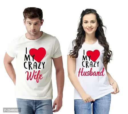 White Printed Cotton Blend Matching Couple T-Shirts for Men  Women-thumb0