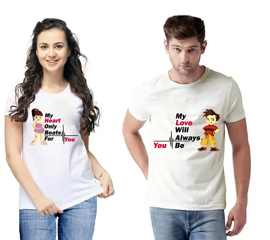 Valentine day Special !! White Printed Cotton Blend Matching Couple T-Shirts For Men Women