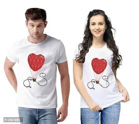 White Printed Cotton Blend Matching Couple T-Shirts for Men  Women