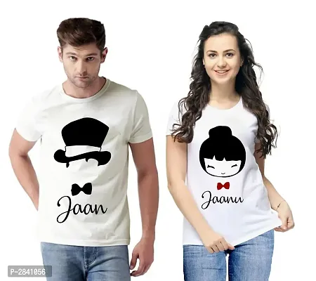 White Printed Cotton Blend Matching Couple T-Shirts for Men  Women-thumb0