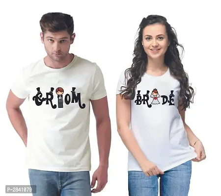 White Printed Cotton Blend Matching Couple T-Shirts for Men  Women-thumb0