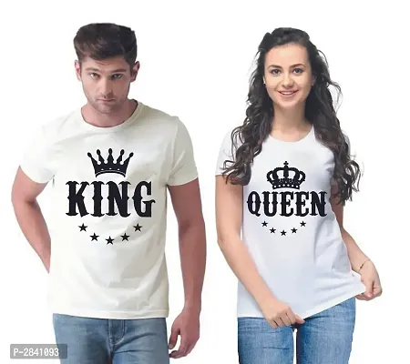 White Printed Cotton Blend Matching Couple T-Shirts for Men  Women