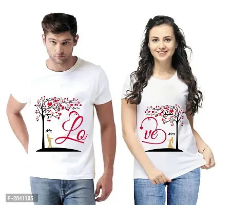 White Printed Cotton Blend Matching Couple T-Shirts for Men  Women-thumb0