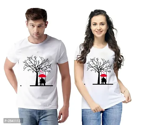 White Printed Cotton Blend Matching Couple T-Shirts for Men  Women-thumb0