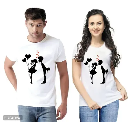 White Printed Cotton Blend Matching Couple T-Shirts for Men  Women-thumb0