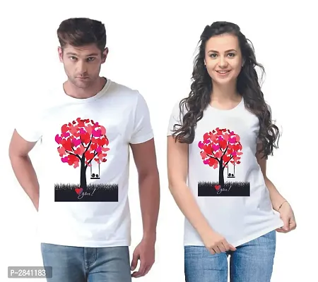 White Printed Cotton Blend Matching Couple T-Shirts for Men  Women