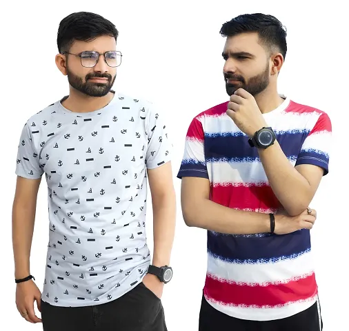 Pack of 2 Multicoloured Cotton Round Neck T Shirt Combo for Men (Pack of 2)