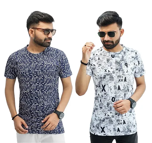 Pack of 2 Multicoloured Cotton Blend Printed Round Neck T Shirt for Men