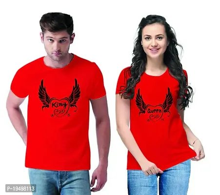 DEE LEAF Flaying Heart King Queen Printed Matching Half Sleeve Couple Tshirt-thumb0