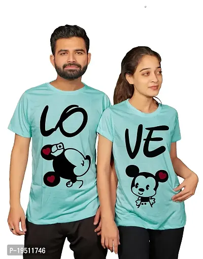 DEE LEAF Love Mikky Mini Printed Matching Half Sleeve Couple Tshirt Turquoise