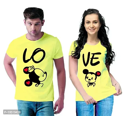 DEE LEAF Love Mikky Mini Printed Matching Half Sleeve Couple Tshirt Yellow-thumb0