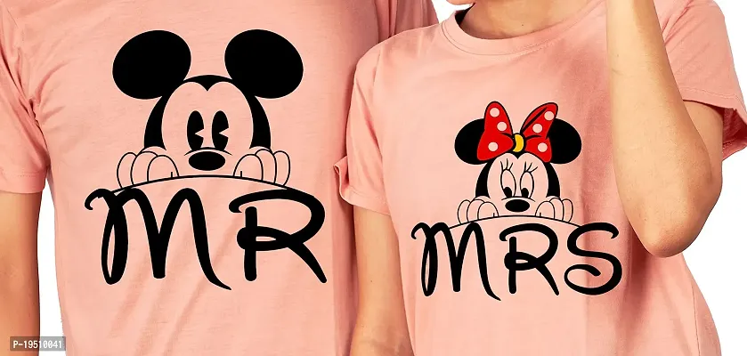 DEE LEAF Mickey Minnie Mr. Mrs. Printed Matching Half Sleeve Couple Tshirt Peach-thumb2