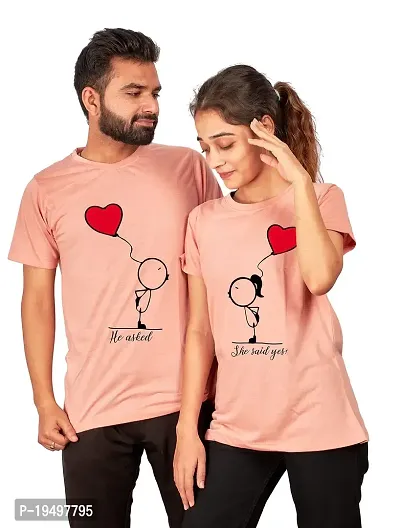 DEE LEAF He Asked?.She Said Yes! Printed Matching Half Sleeve Couple Tshirt-thumb0