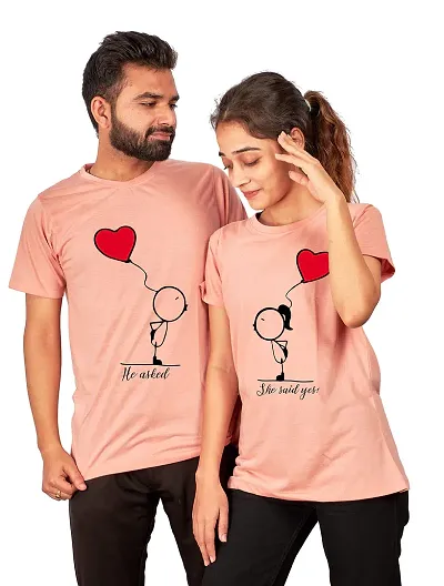 DEE LEAF He Asked?.She Said Yes! Printed Matching Half Sleeve Couple Tshirt