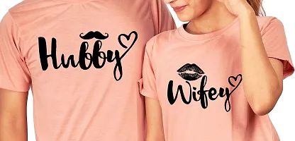 DEE LEAF Wifey-Hubby Half Sleeve Printed Matching Couple Tshirt-thumb1