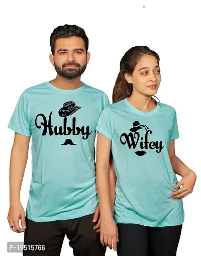 DEE LEAF Hubby-Wifey Matching Half Sleeve Couple Tshirt Turquoise