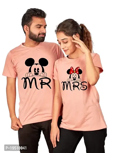 DEE LEAF Mickey Minnie Mr. Mrs. Printed Matching Half Sleeve Couple Tshirt Peach