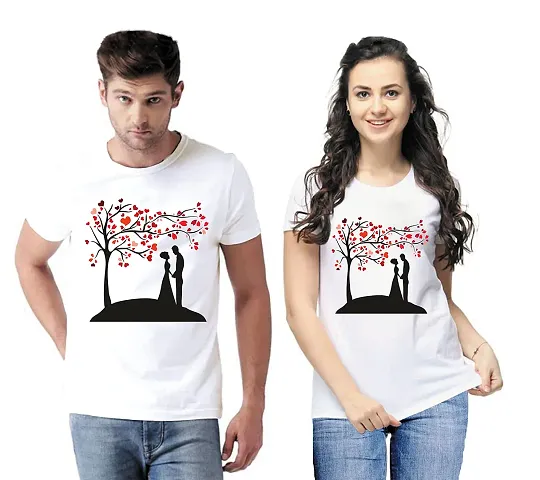 DEE LEAF Heart Tree Couple Printed Matching Half Sleeve Couple Tshirt