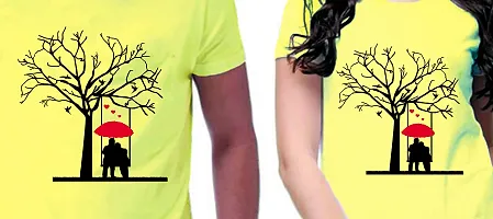 DEE LEAF Umbrella Couple Printed Matching Half Sleeve Couple Tshirt-thumb1