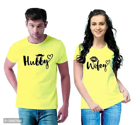 DEE LEAF Wifey-Hubby Half Sleeve Printed Matching Couple Tshirt