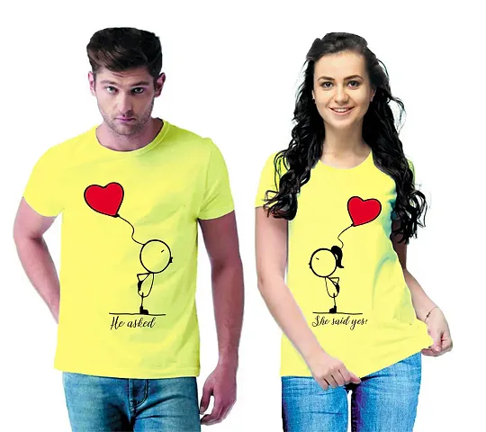 DEE LEAF He Asked?.She Said Yes! Printed Matching Half Sleeve Couple Tshirt