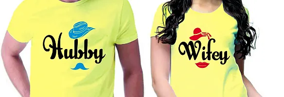 DEE LEAF Hubby-Wifey Matching Half Sleeve Couple Tshirt Yellow-thumb1