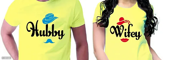 DEE LEAF Hubby-Wifey Matching Half Sleeve Couple Tshirt Yellow-thumb2