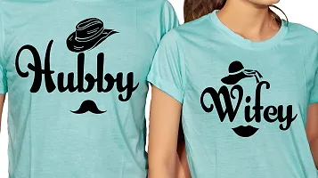 DEE LEAF Hubby-Wifey Matching Half Sleeve Couple Tshirt Turquoise-thumb1