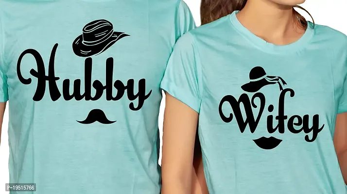 DEE LEAF Hubby-Wifey Matching Half Sleeve Couple Tshirt Turquoise-thumb2