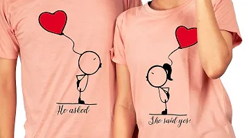 DEE LEAF He Asked?.She Said Yes! Printed Matching Half Sleeve Couple Tshirt Peach-thumb1