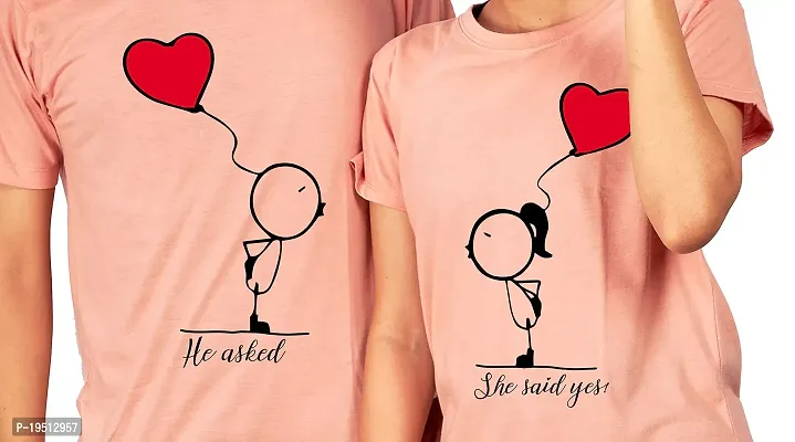 DEE LEAF He Asked?.She Said Yes! Printed Matching Half Sleeve Couple Tshirt Peach-thumb2