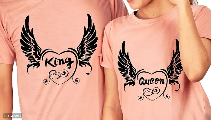 DEE LEAF Flaying Heart King Queen Printed Matching Half Sleeve Couple Tshirt-thumb2