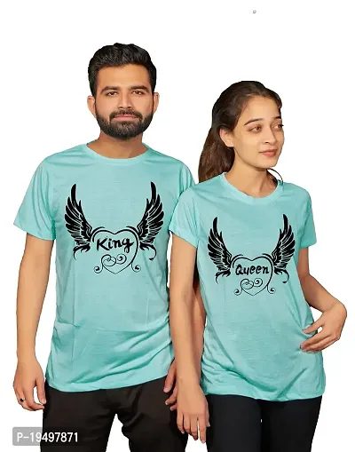 DEE LEAF Flaying Heart King Queen Printed Matching Half Sleeve Couple Tshirt-thumb0