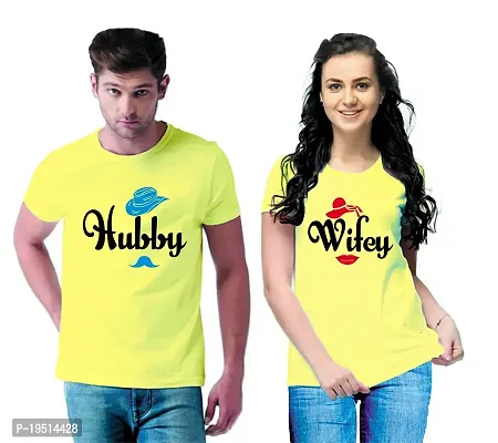 DEE LEAF Hubby-Wifey Matching Half Sleeve Couple Tshirt Yellow