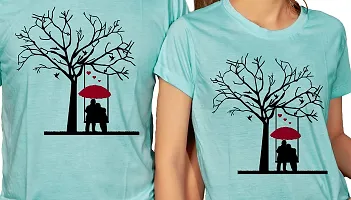 DEE LEAF Umbrella Couple Printed Matching Half Sleeve Couple Tshirt-thumb1