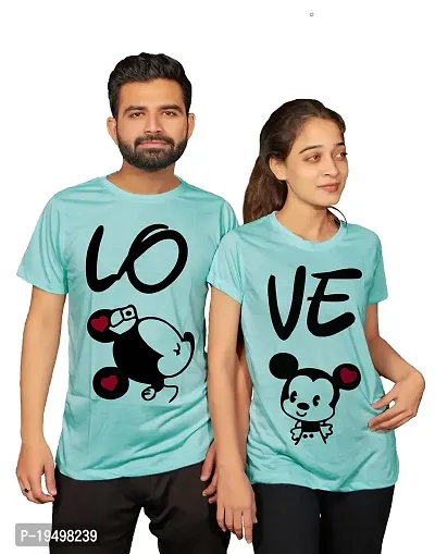 DEE LEAF Love Mikky Mini Printed Matching Half Sleeve Couple Tshirt Turquoise